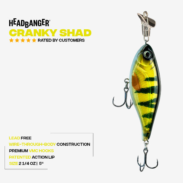 Fishing lure with yellow and black pattern on a white background, featuring the brand 'Headbanger'.