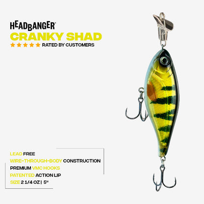Fishing lure with yellow and black pattern on a white background, featuring the brand 'Headbanger'.