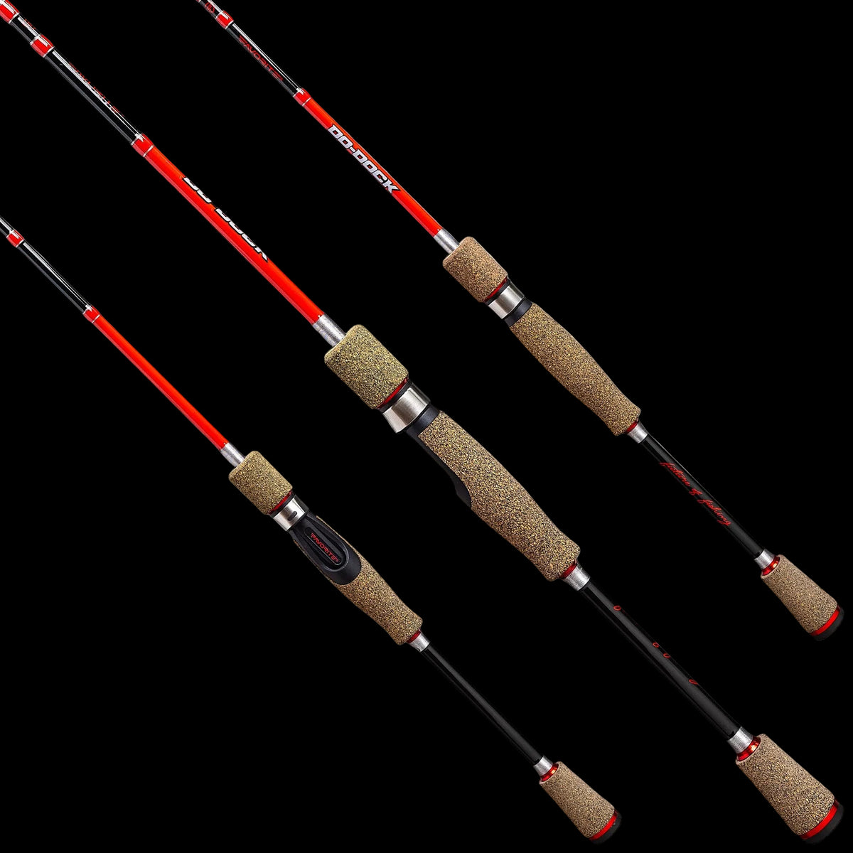 Three views of a fishing rod set against a solid white background, showing the red and black shafts, cork-textured grips, and silver metal joints.