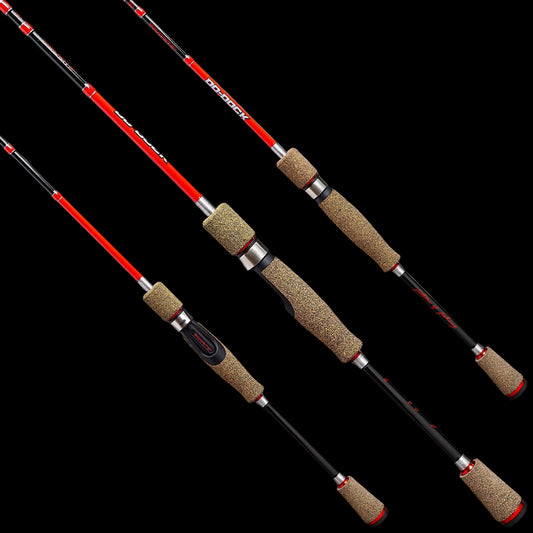 Three views of a fishing rod set against a solid white background, showing the red and black shafts, cork-textured grips, and silver metal joints.