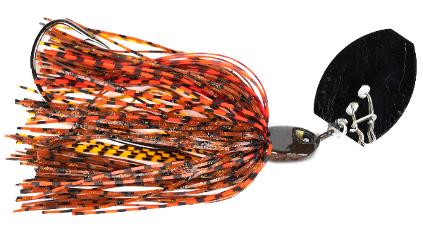 A fishing spinnerbait lure with a black blade, chrome metal body, and a skirt made of orange and black striped silicone strands with a yellow and black patterned section.