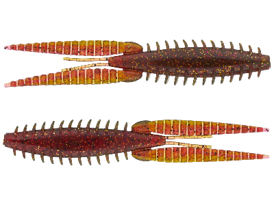 Three red and orange fishing lures with a white background