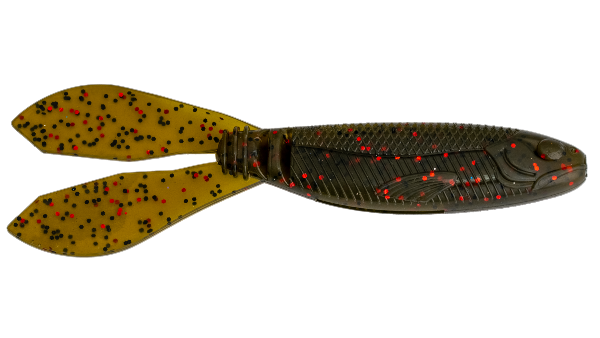 Fishing lure with a black and yellow pattern on a white background