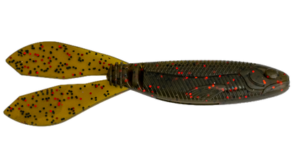 Fishing lure with a black and yellow pattern on a white background