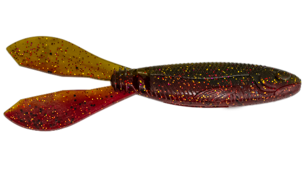 Fishing lure with red and yellow body on a white background