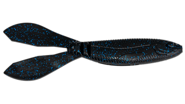 Black and blue speckled plastic lure on a white background