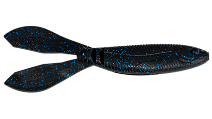 Black and blue speckled plastic lure on a white background