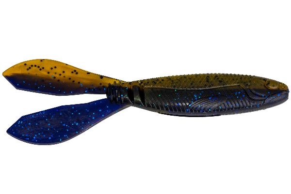 Fishing lure with yellow and blue speckled pattern on a white background