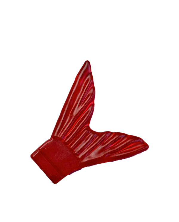 Red plastic fish tail with a unique design on a white background
