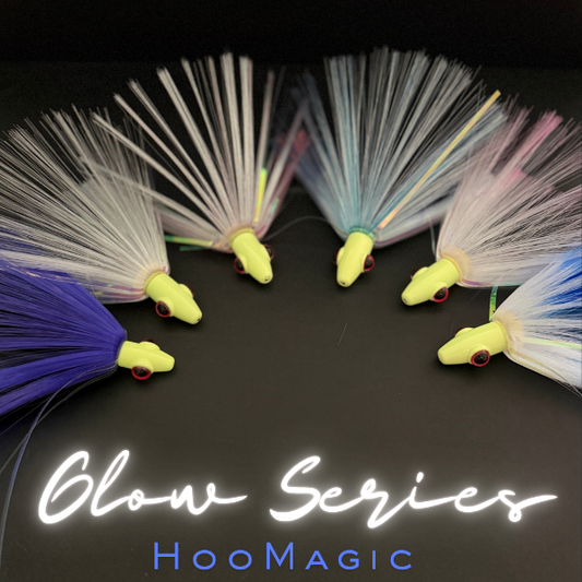 Glow series fishing lures with 'HooMagic' branding on a dark background