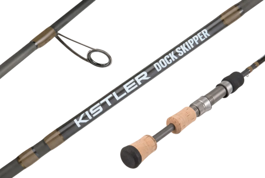 Kistler Dock Skipper fishing rod on a white background with an American flag icon.