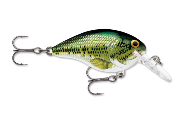 Green and yellow baby bass fishing lure with two treble hooks and a clear lip.