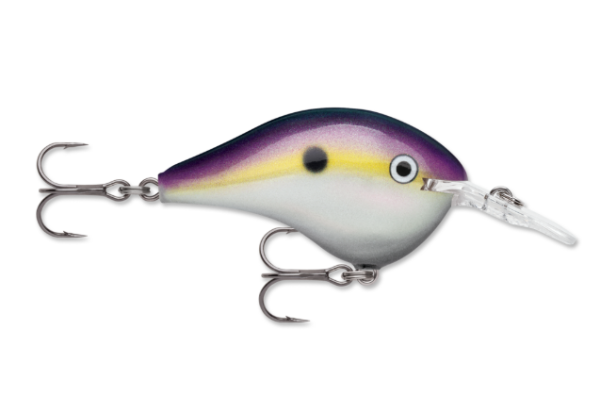 Purple, yellow, and white fishing lure with a clear bill and two treble hooks.