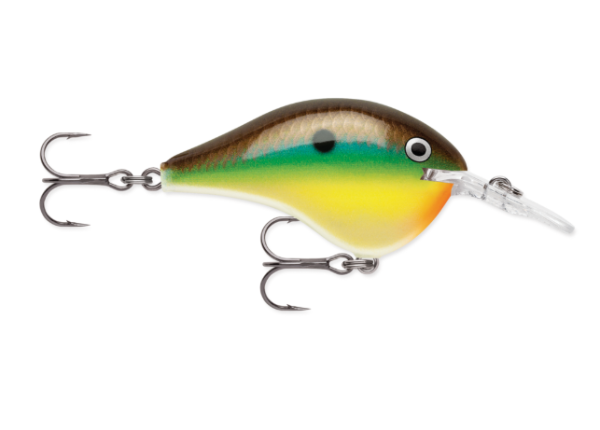 Multi-colored fishing crankbait lure with brown, green, yellow, and orange patterns.
