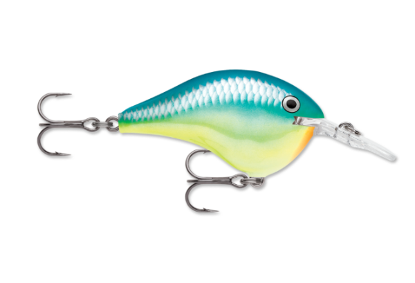 Blue-green and yellow fishing lure with scale pattern, clear lip, and two treble hooks.