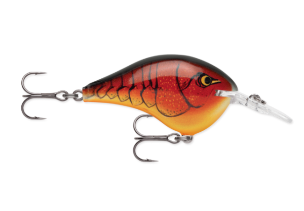 Red and orange crawfish-patterned fishing lure with a clear diving lip.