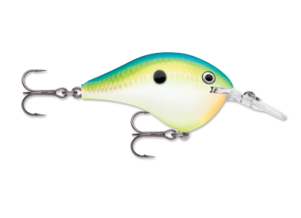 Blue-green and yellow fishing crankbait with a clear diving lip and two treble hooks.