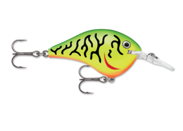 Bright yellow-green firetiger fishing lure with black stripes and two treble hooks.