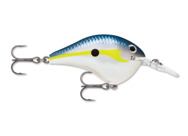 Blue, silver, and yellow fishing crankbait with a clear lip and two treble hooks.