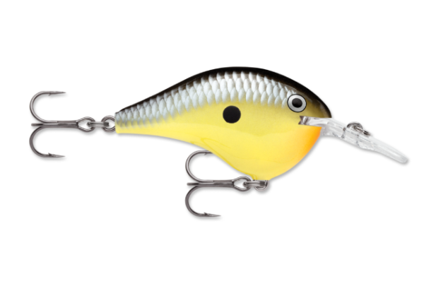 Yellow and silver fishing crankbait with black top, clear lip, and two treble hooks.