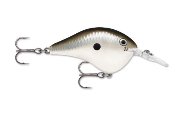 Pearl grey shiner fishing lure with scale texture and two treble hooks.