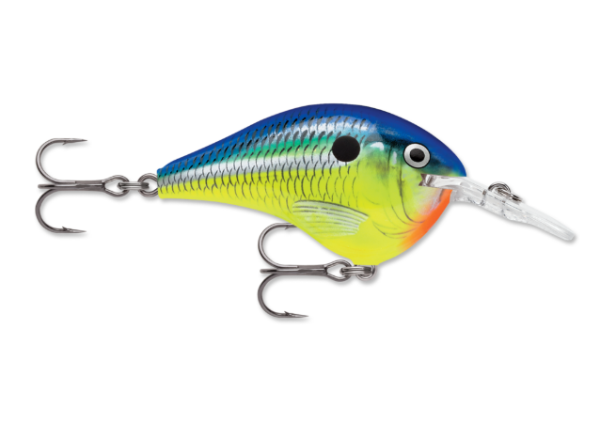 Vibrant blue, green, yellow, and orange fishing lure with two treble hooks.