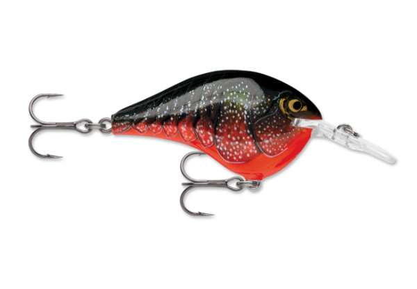Red crawdad fishing lure with black back, white speckles, and clear diving lip.