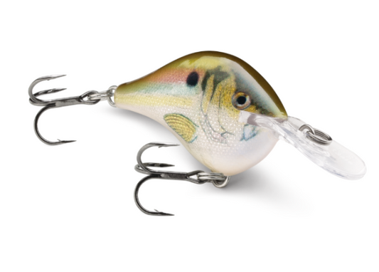 Green, white, and yellow fishing crankbait with two treble hooks and a clear diving lip.