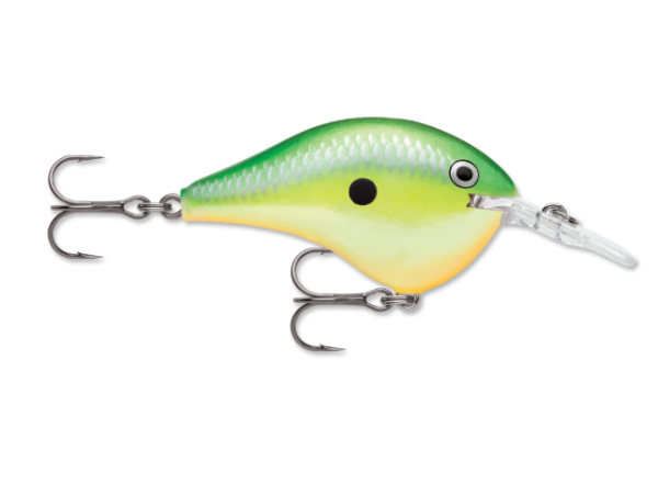 Green, yellow, and orange fishing lure with two treble hooks and a clear lip.
