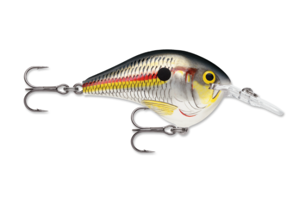 Silver and yellow fishing lure with red stripe, black spots, and two treble hooks.