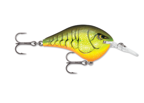 Green, yellow, and orange fishing lure with two treble hooks.