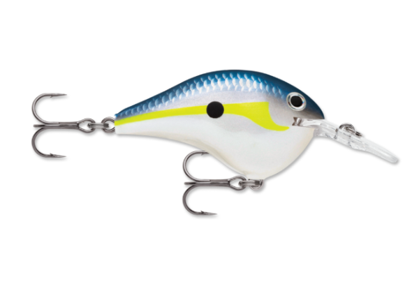 Blue and silver fishing lure with a yellow stripe, black eye, and two treble hooks.