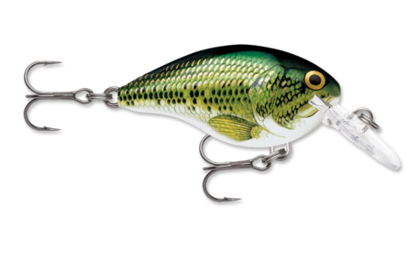 Green and white baby bass fishing lure with clear lip and treble hooks.