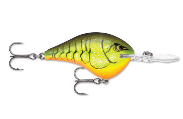 Green, chartreuse, and orange crawdad fishing lure with two treble hooks and clear lip.