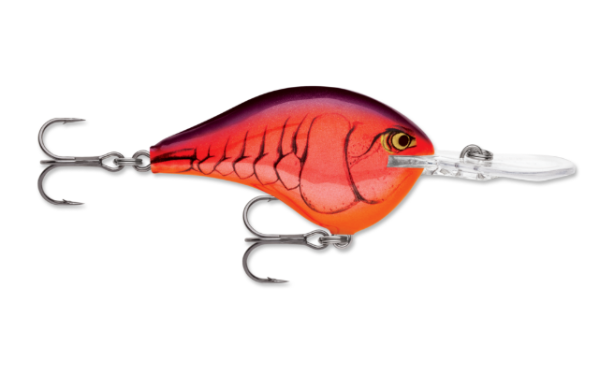 Red and orange fishing lure with a clear diving lip and two treble hooks.