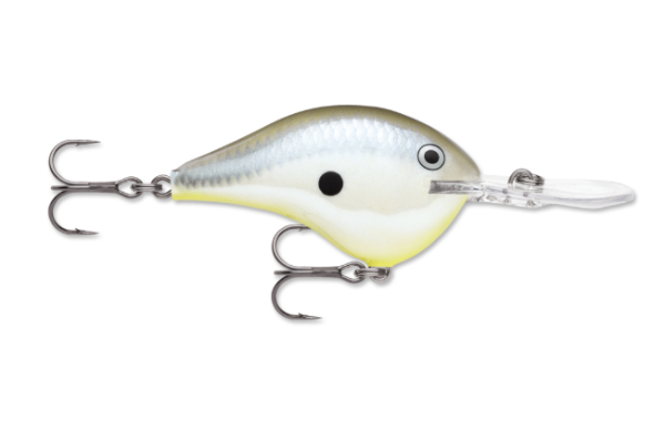 Silver, white, and yellow fishing crankbait with two treble hooks and a clear lip.