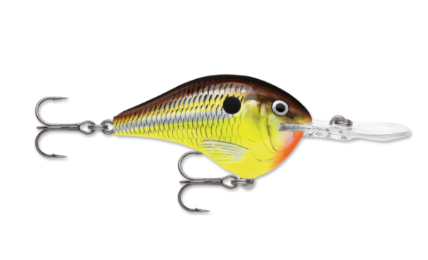A yellow and brown fishing lure with two treble hooks and a clear diving lip.
