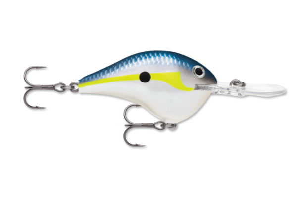 Blue and silver fishing lure with yellow stripe and white belly, featuring two hooks.