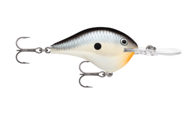 Black, silver, white, and orange fishing crankbait with two treble hooks.