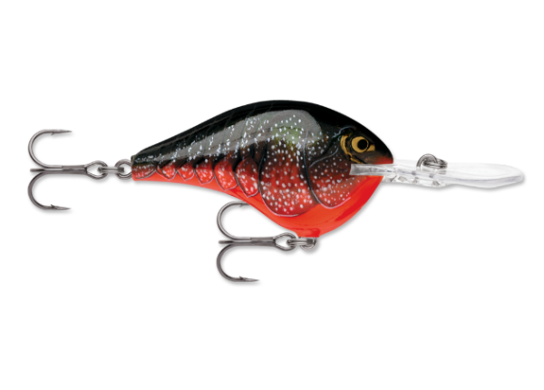 Black and red crawdad fishing lure with white speckles and two treble hooks.