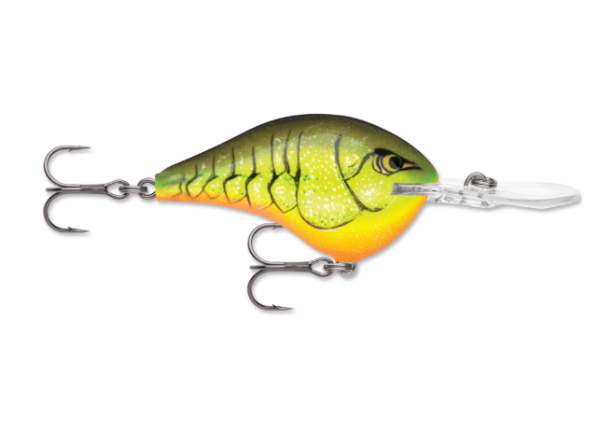 Green, yellow, and orange crawdad pattern fishing lure with two treble hooks.