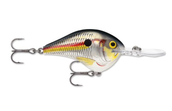 Silver shad fishing lure with red and yellow stripes and two treble hooks.