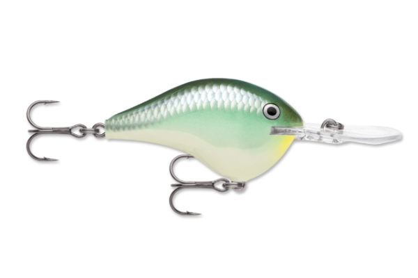 Green and silver fishing lure with a light belly, clear lip, and two hooks.
