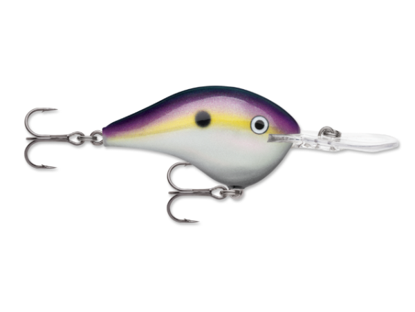 Purple, yellow, and white fishing crankbait with clear diving lip and treble hooks.