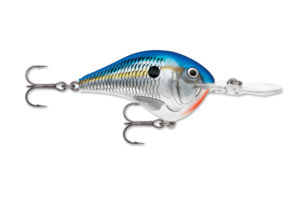 Blue and silver fishing lure with scale pattern, orange belly, and treble hooks.