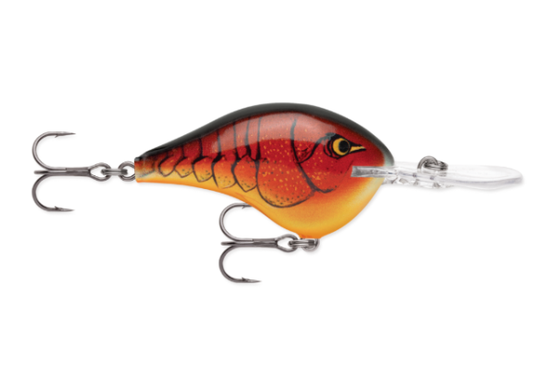 Red and orange crawfish-pattern fishing lure with black stripes and two hooks.