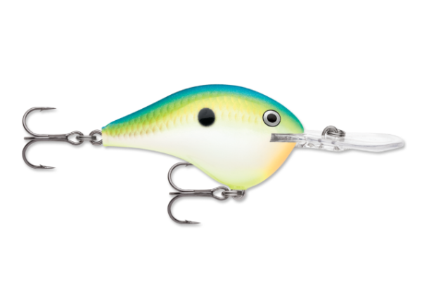 A blue-green and yellow-green citrus shad fishing lure with a clear lip.