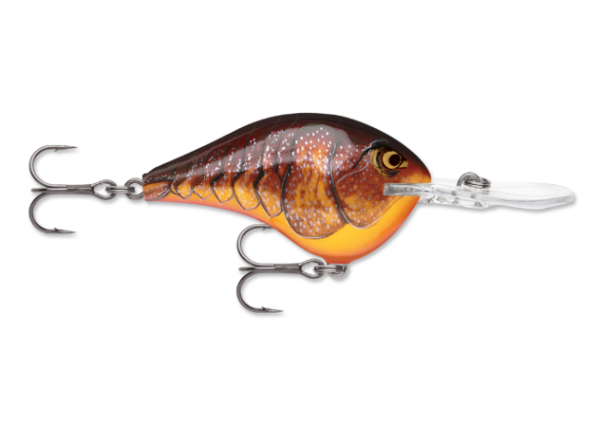 Dark brown and orange crawdad fishing lure with a detailed scale pattern.