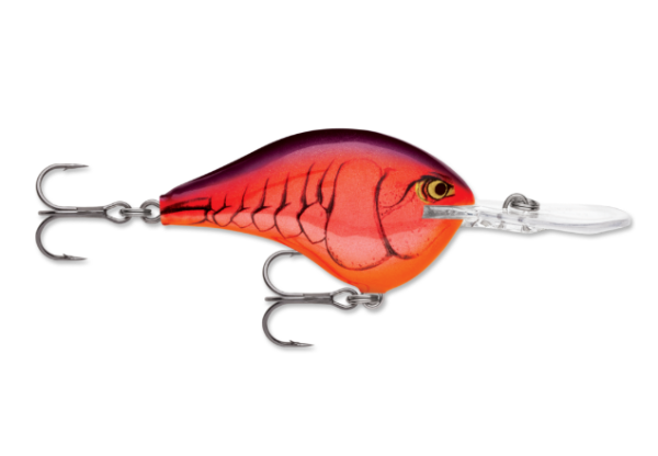 Vibrant red and orange fishing lure with scale pattern and clear diving lip.
