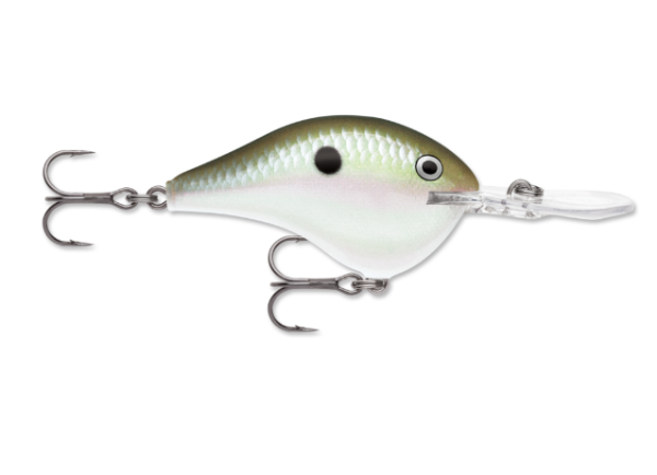 Green and white crankbait fishing lure with scale pattern and two treble hooks.